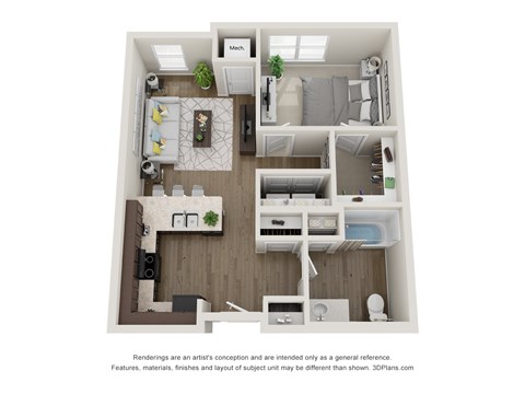 A 3D floor plan of a small apartment with a kitchen, living room, and bedroom.